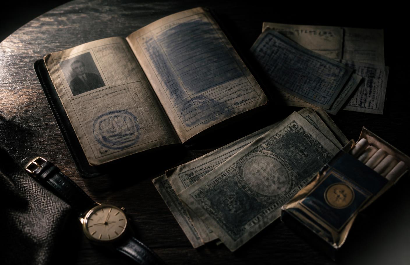 Papiers d'identité français des années 1940, billets et objets personnels posés sur une table sombre