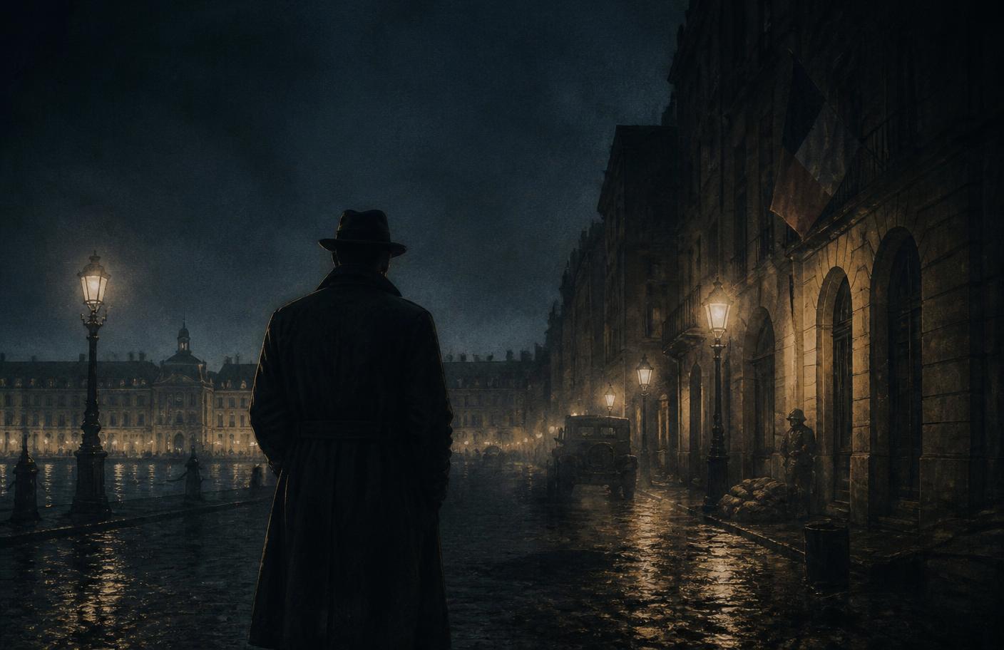 Rue pavée humide de Bordeaux la nuit, réverbères et façades XVIIIe siècle