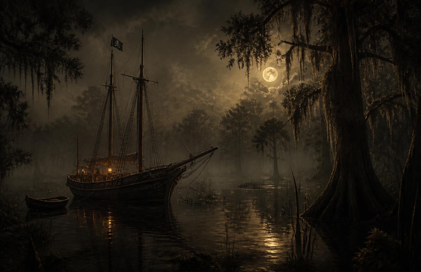 Goélette à l'ancre dans un bayou de Louisiane sous la lune
