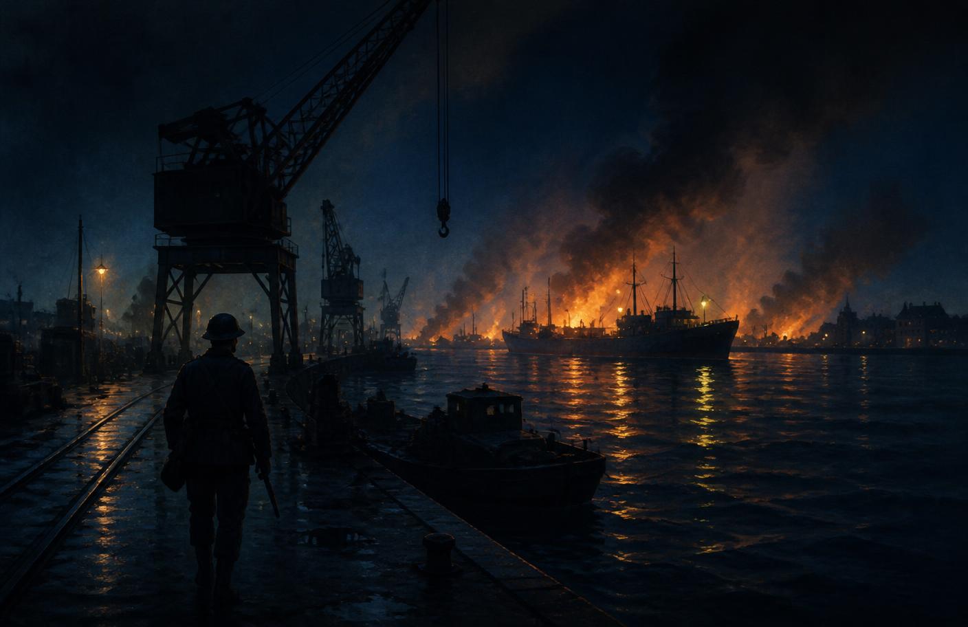 Port de Bordeaux la nuit en 1944, quais, grues et navire
