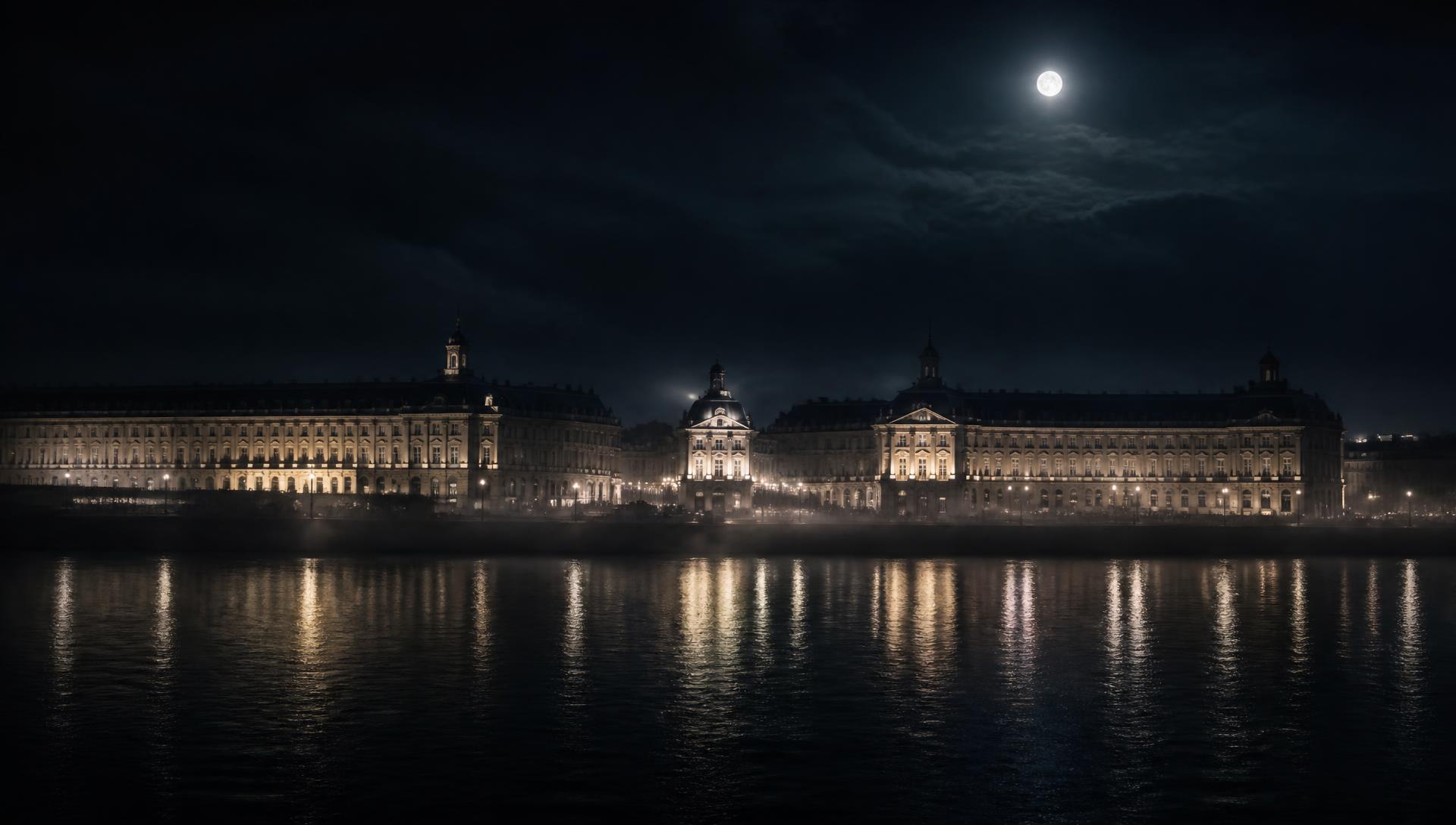 Bordeaux vue depuis la Garonne la nuit, la lune au-dessus des façades du XVIIIe siècle